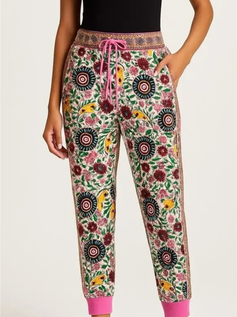 Alice + Olivia Floral Print Track Joggers in Cream, Pink, Green, Yellow, Black